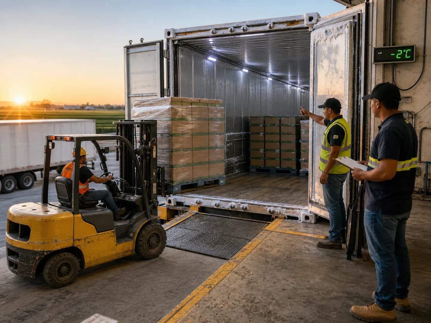 Forklift cargando contenedor refrigerado