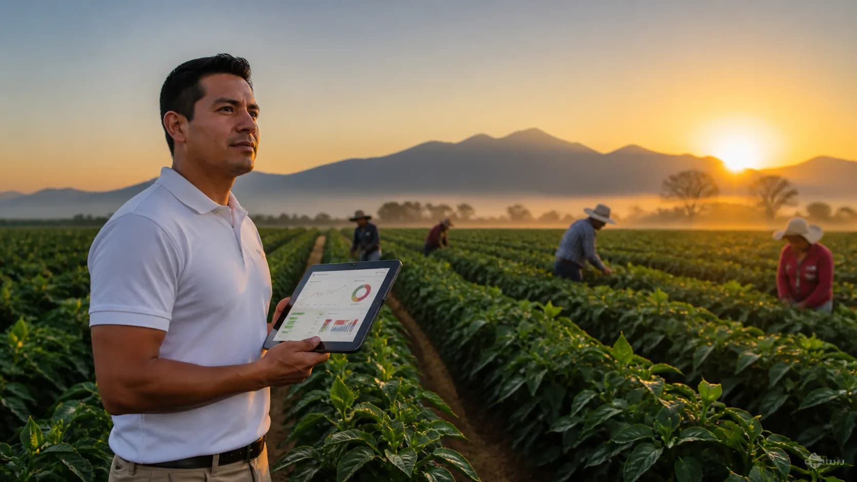 Productor con tablet en campo agrícola al amanecer