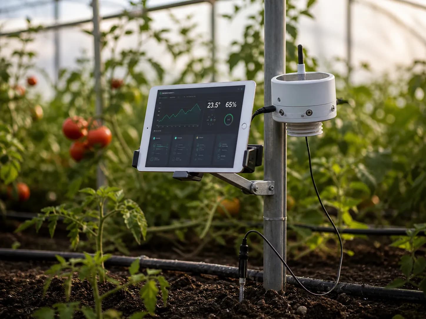 Tablet con dashboard junto a sensor IoT en invernadero