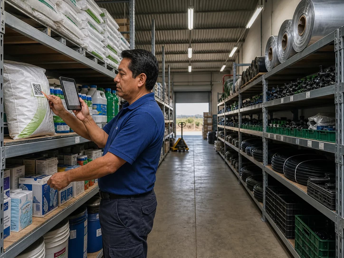 Almacén de insumos con worker escaneando código QR